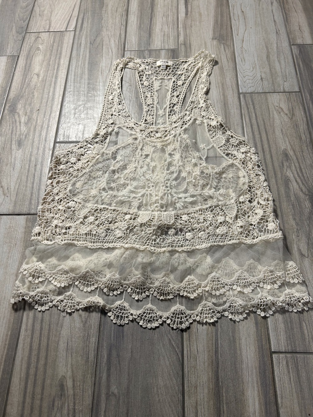 Crochet Lace Sheer Cream M/L Tank Top Boho Dainty Fairy Angel